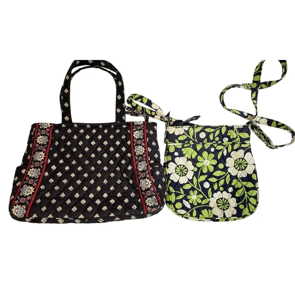Lot of 2 Vera Bradley Floral Quilted Black Handbag & Green Shoulder Bag Pockets